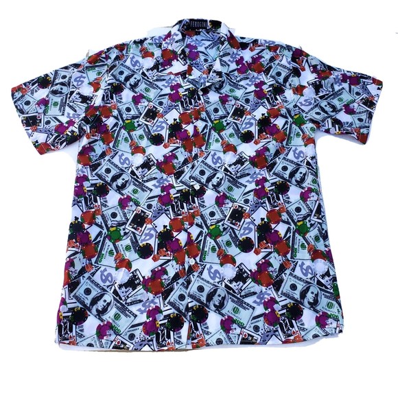 Ferugini Button Up Shirt Casino, Poker, Dice $100 Bills All Over Print  SZ Large - Picture 12 of 12